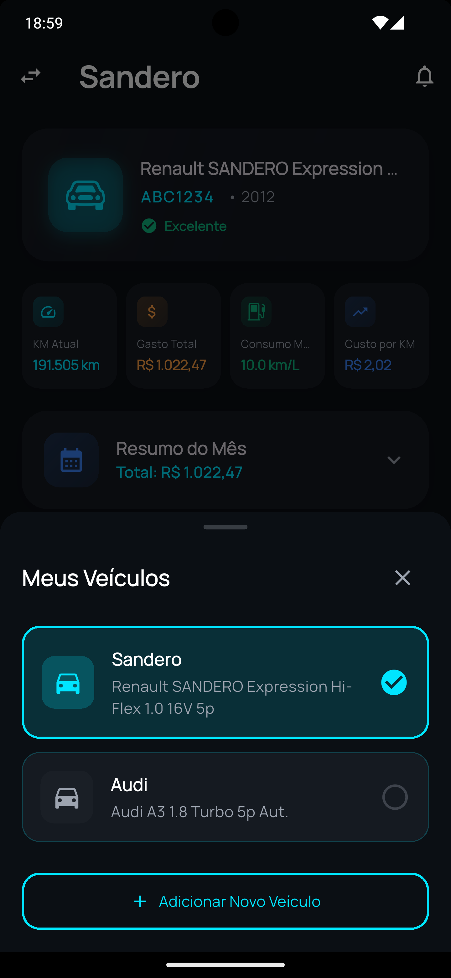 Tela do aplicativo Veeko - Seleção de veículo