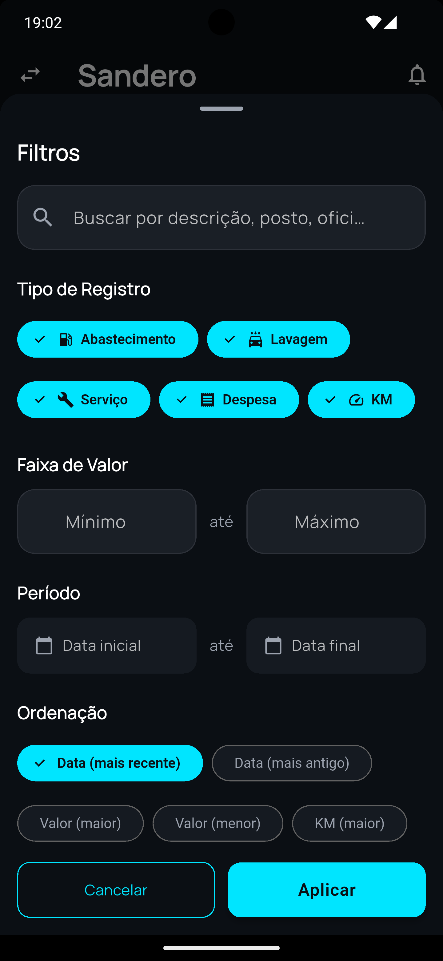 Tela do aplicativo Veeko - Filtros e pesquisa