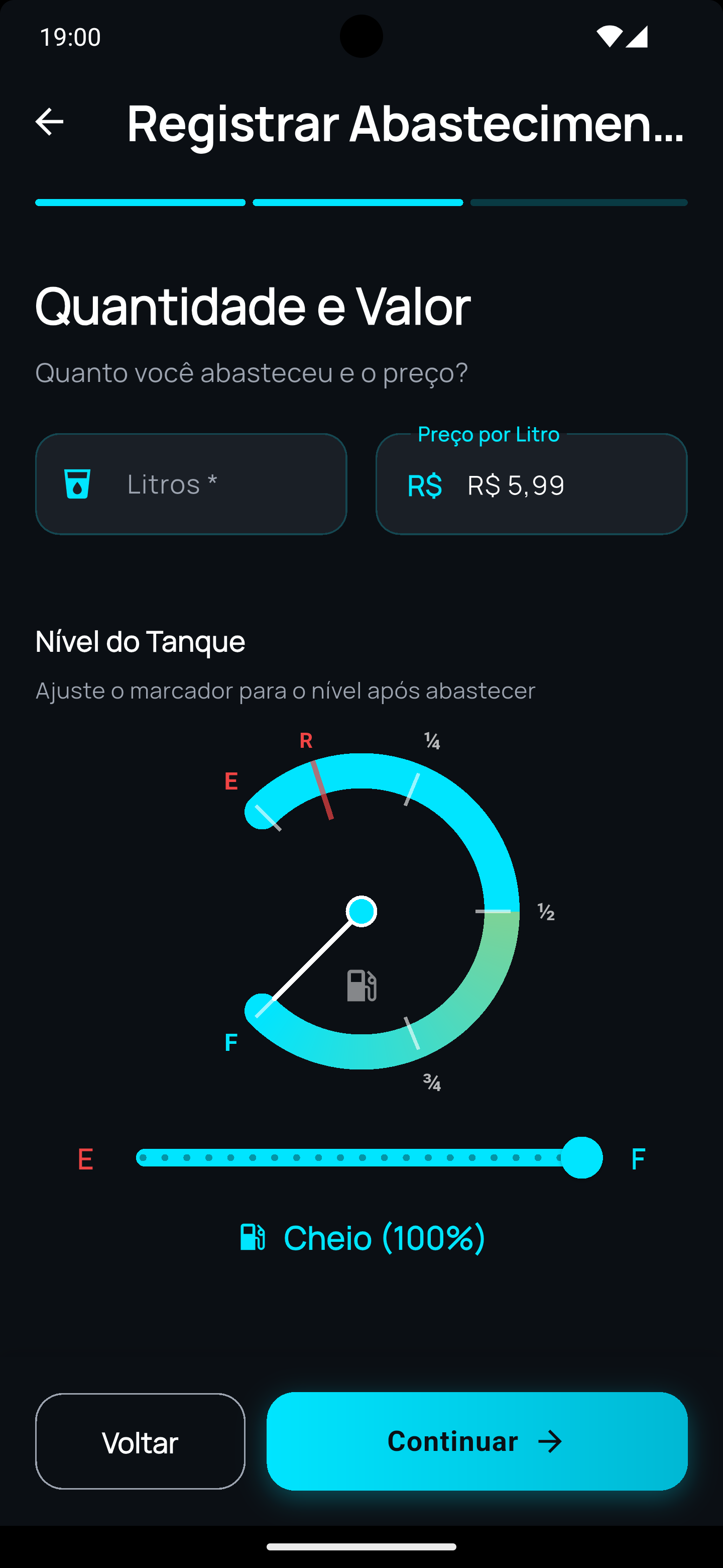 Tela do aplicativo Veeko - Adicionar abastecimento