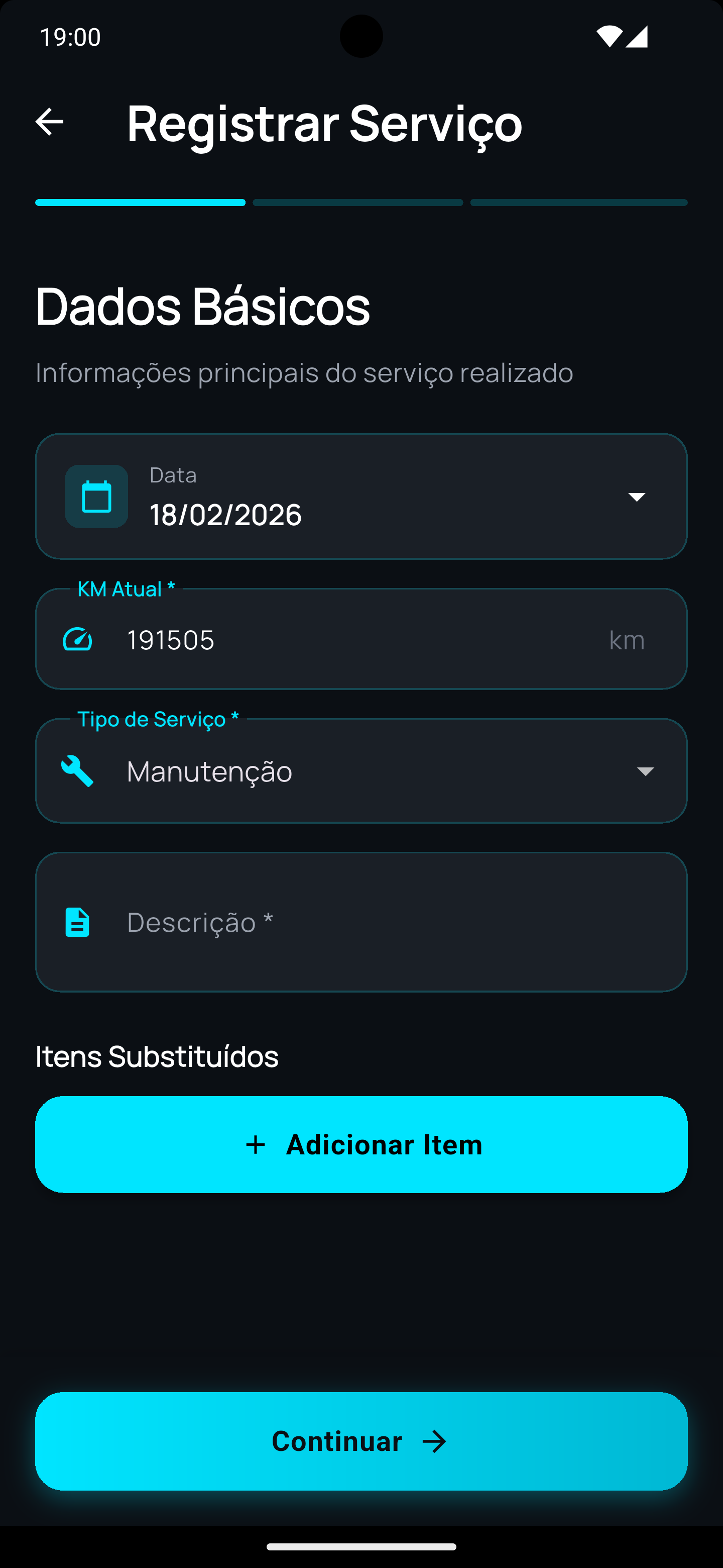 Tela do aplicativo Veeko - Adicionar manutenção