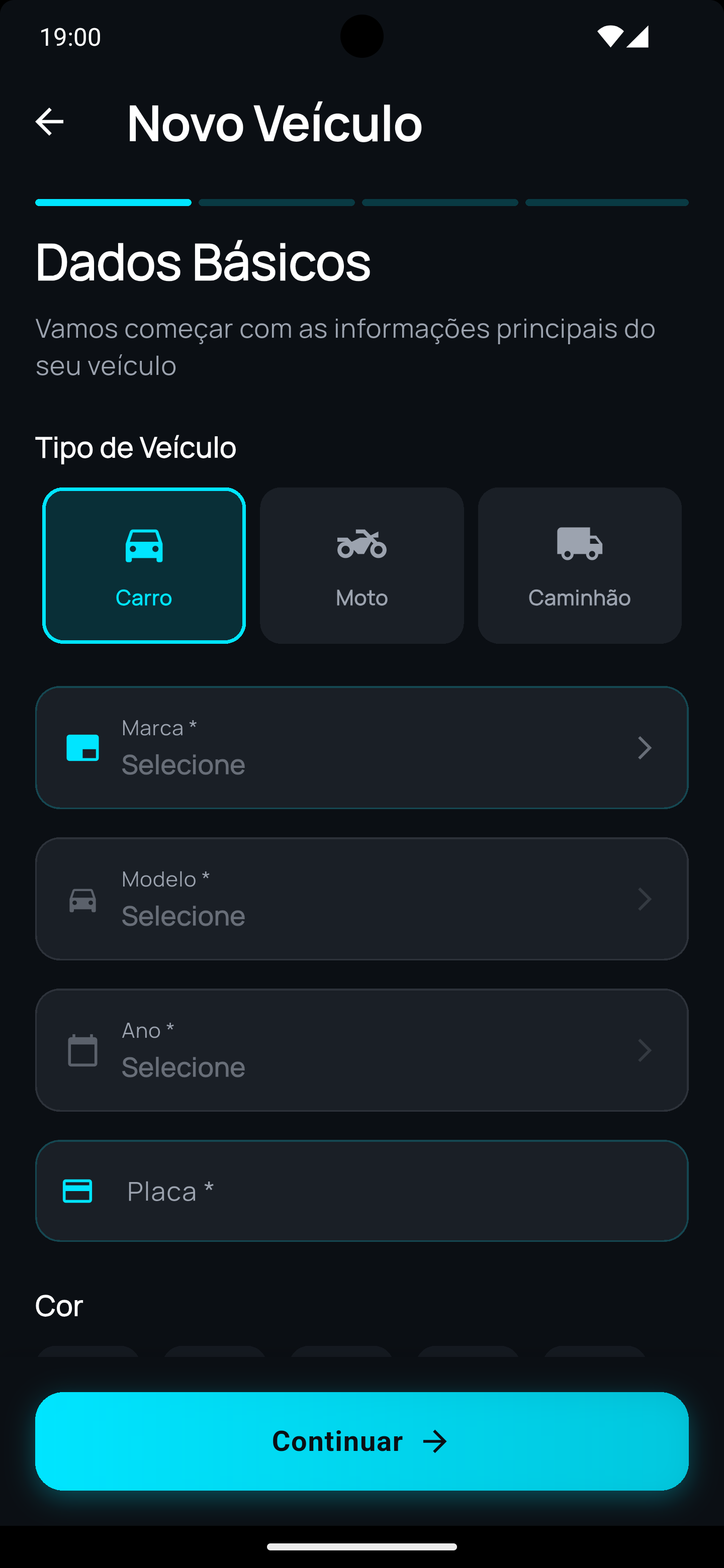 Tela do aplicativo Veeko - Adicionar novo veículo