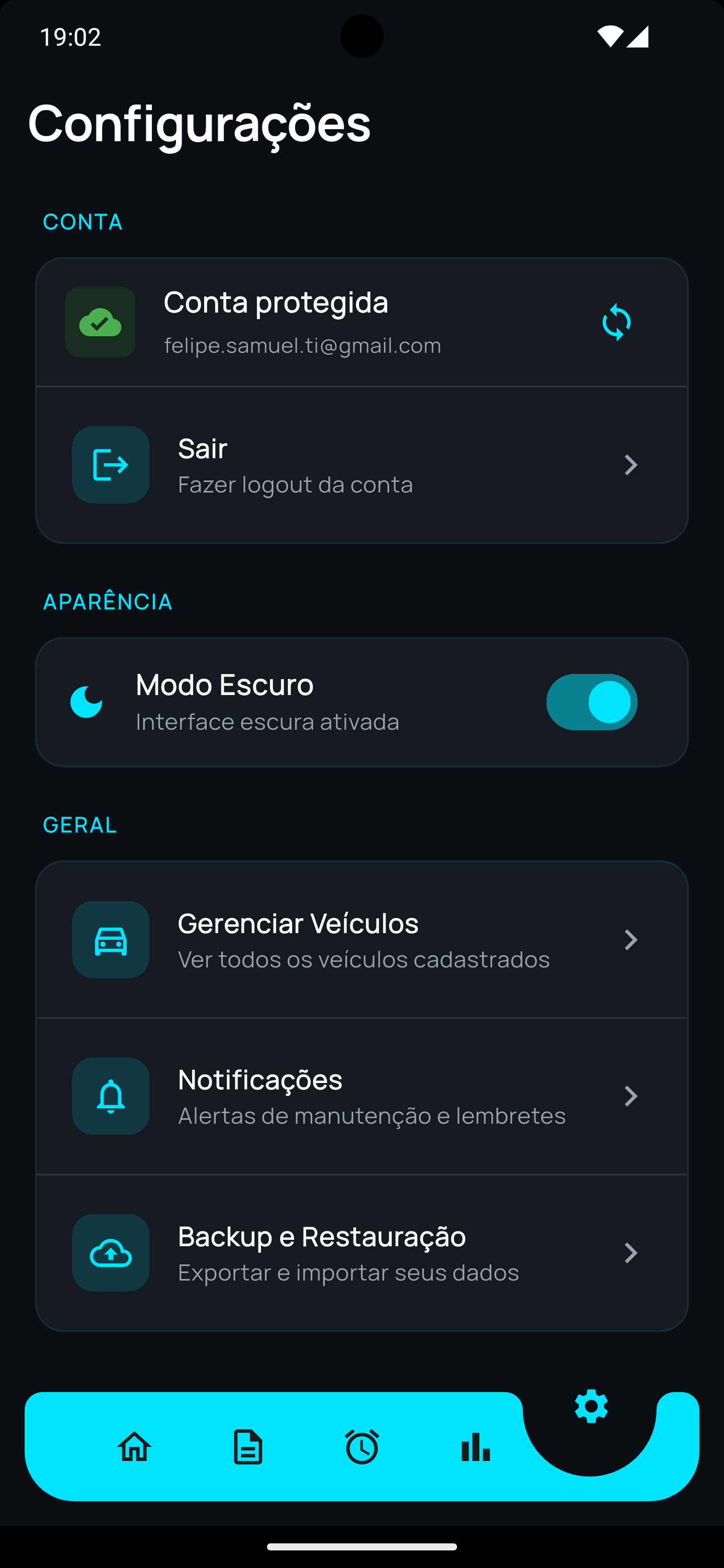 Tela do aplicativo Veeko - Configurações